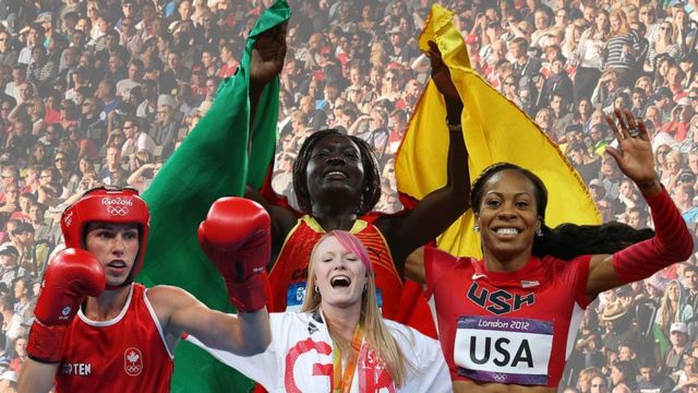 Composite image of boxer Mandy Bujold, para-archer Jodie Grinham, triple jumper Francoise Mbango Etone and sprinter Sanya Richards-Ross