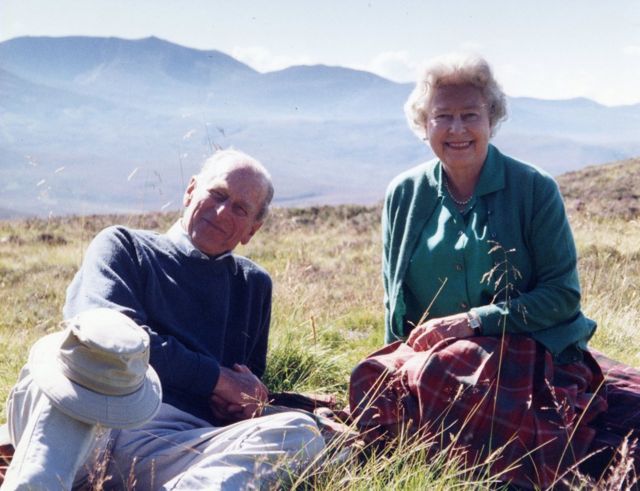 Personal photograph of Prince Philip and the Queen at the top of the Coyles of Muick in the Cairngorms, Scotland, in 2003 taken by the Countess of Wessex