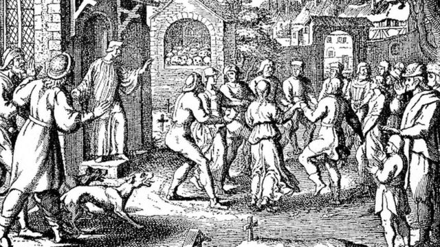 Ilustração de uma coreomania na Idade Média
