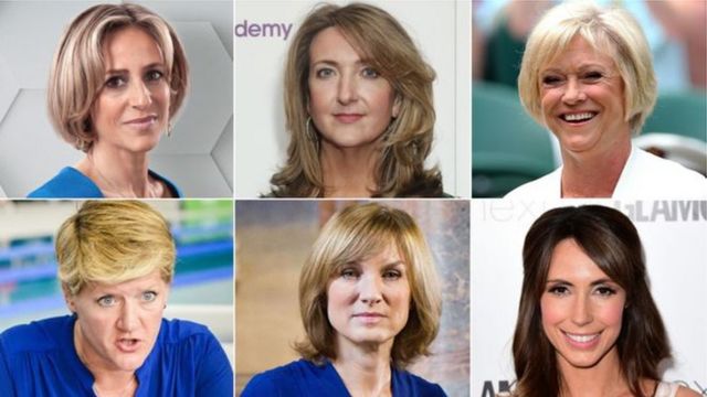 Bamwe mu banyamakuru bashyize umukono kuri iyo baruwa: Emily Maitlis, Victoria Derbyshire, Sue Barker, Alex Jones, Fiona Bruce na Clare Balding (uhereye hejuru ibumoso uzenguruka nkuko urushinge rw'isaha rugenda)