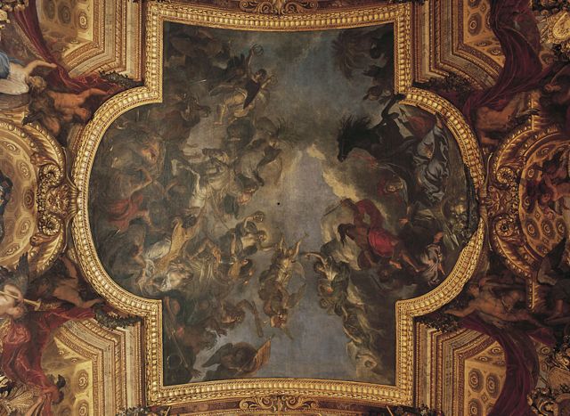 "El cruce del Rin en presencia de enemigos", obra de Le Brun en el techo del Salón de los Espejos en Versalles.