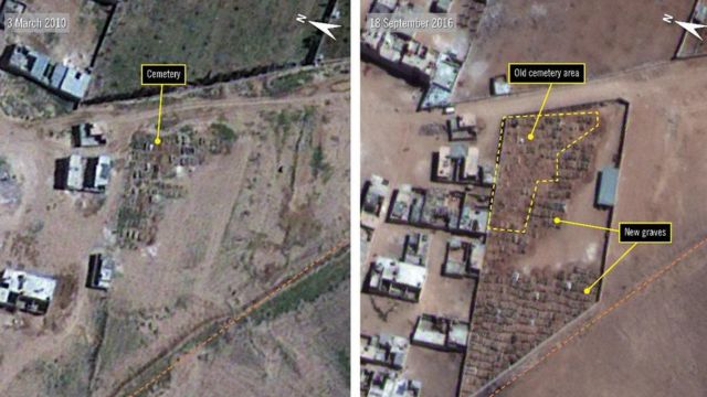 Fotografía aérea que da cuenta del crecimiento del cementerio de Nahja
