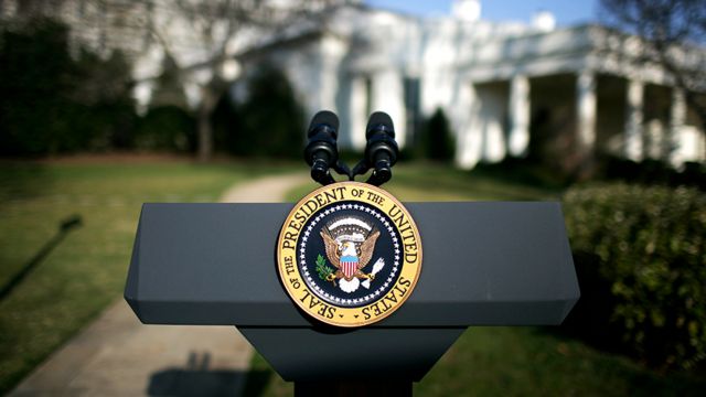 The presidential podium in front of the White House