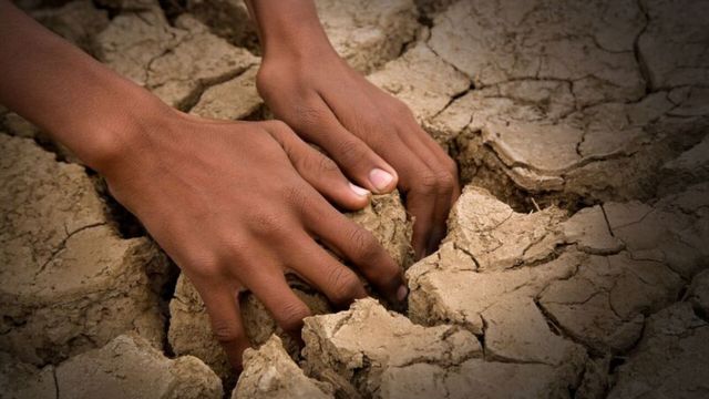 Hands in drought-ridden earth