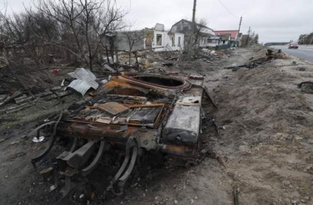 Burned Russian tanks in Kyiv