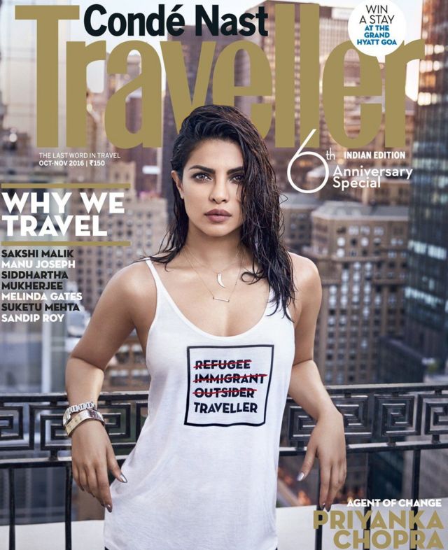La portada de Priyanka Chopra que causó polémica por el mensaje en su camiseta que tiene las palabras tachadas "inmigrante, refugiada e intrusa".