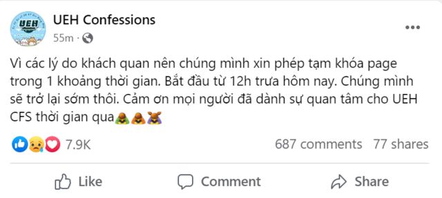 Trang Facebook UEH Confessions đã bị đóng bắt đầu từ 12 giờ trưa hôm nay 12/01 theo giờ Việt Nam.