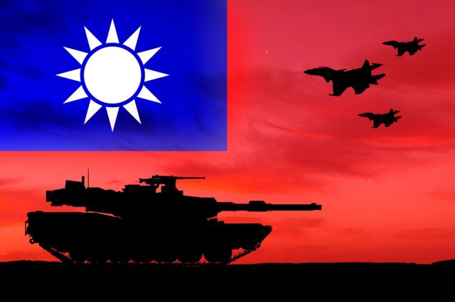 Bandeira de Taiwan com sombras de tanques e aviões