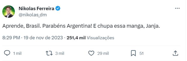 Tuíte de Nikolas Ferreira sobre a vitória de Milei