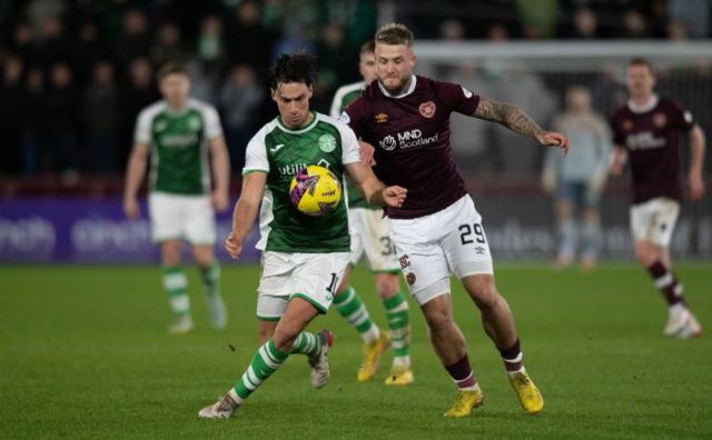 Joe Newell controlling the ball in the Edinburgh Derby