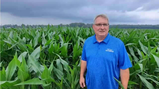 Scott Haerr, um homem branco, com cabelos grisalhos, usa blusa azul de manga curta e está em frente a uma plantação de milho