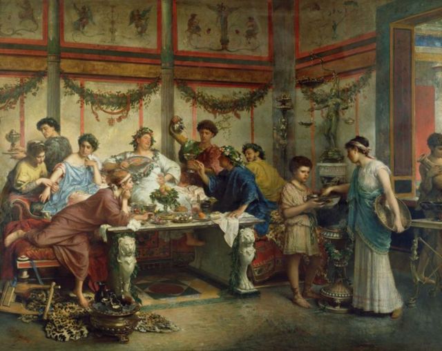 Pintura em estilo neoclássico mostra romanos durante um banquete