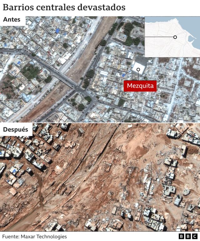 Barrios en la ciudad portuaria de Derna afectados por las aguas