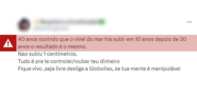 Captura de tela de uma postagem no X, antigo Twitter, sugerindo erroneamente que o nível do mar não está subindo como resultado do aquecimento global