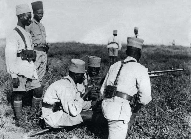 Senegalese riflemen under instruction at a training camp in the French colonies in Africa on December 4, 1939