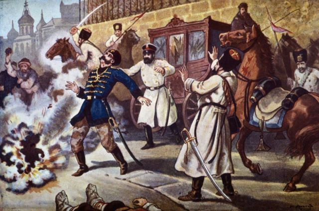 A painting depicting the scene of the assassination of the Tsar of Russia in 1881