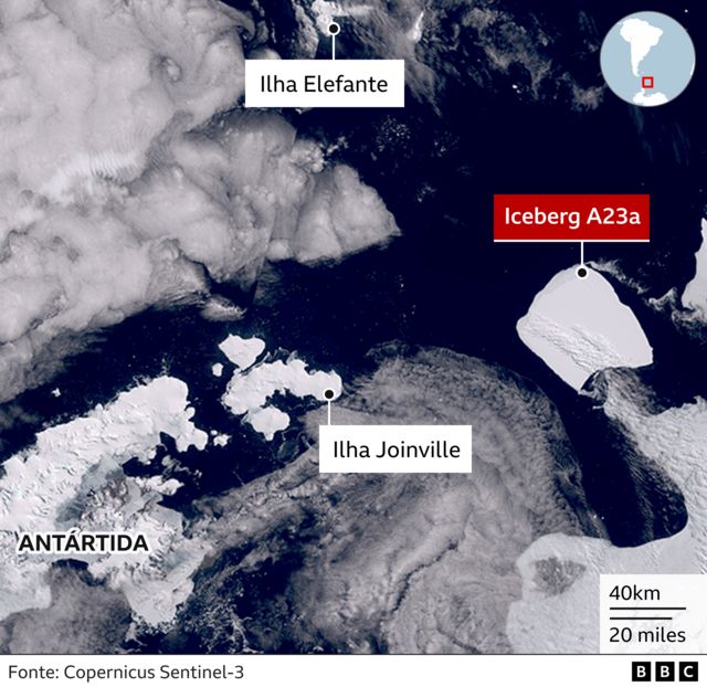 Posição atual do A23a em uma imagem de satélite