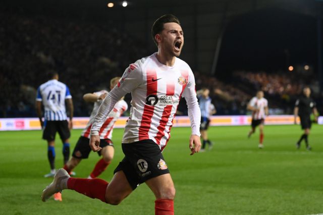 Patrick Roberts celebrates after scoring for Sunderland against Sheffield Wednesday in the League One play-off semi-final second leg