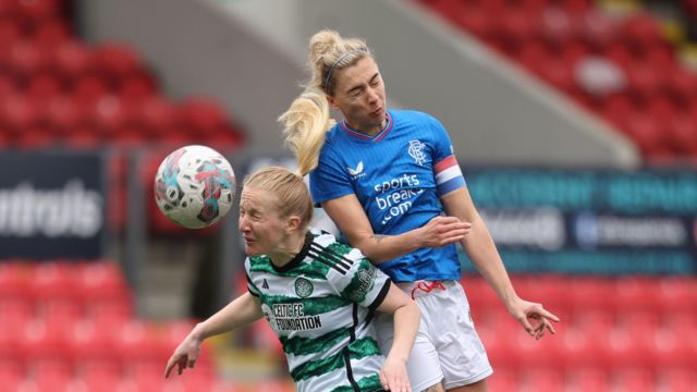 Rangers' Nicola Docherty and Celtic's Murphy Agnew in action during a Scottish Power Women's Premier League match between Rangers and Celtic at Broadwood Stadium, on May 06, 2024, in Cumbernauld, Scotland. (Photo by Ross MacDonald / SNS Group)     