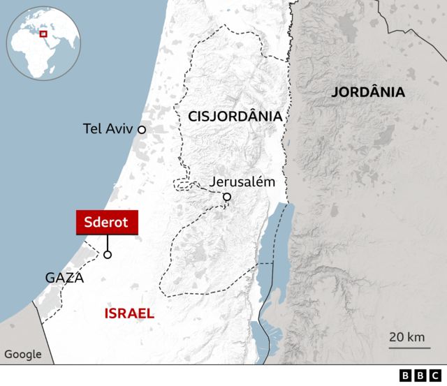 Mapa de Israel com territórios palestinos (Gaza e Cisjordânia) pontilhados; a cidade de Sderot foi um dos epicentros do ataque surpresa do Hamas