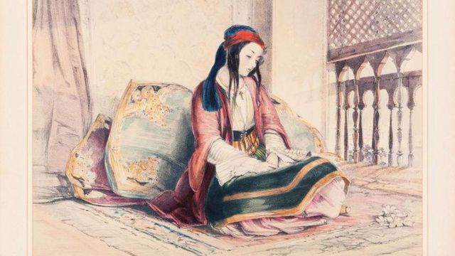 Ilustração de jovem no harém, no Império Otomano