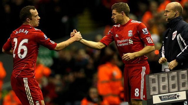 Adam (left) and Gerrard (right) played together at Liverpool 