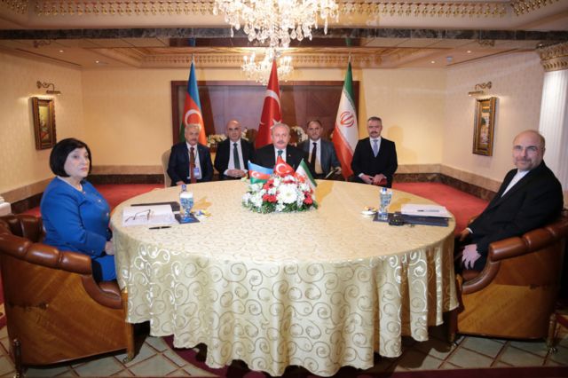 TBMM Başkanı Mustafa Sentop, Azerbaycan Meclisi Başkanı Sahiba Gafarova, İran Meclis Başkanı Mohammad Bagher Ghalibaf
