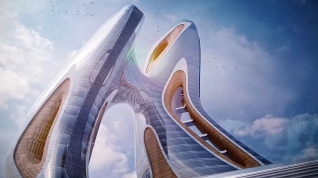 Model of a futuristic building in Akon City.