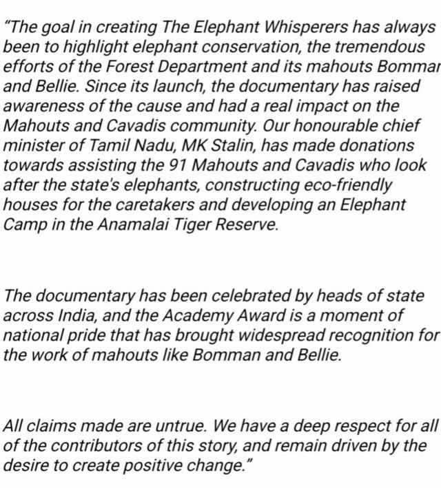 தி எலிஃபன்ட் விஸ்பரர்ஸ் குறு ஆவணப்படத்தின் இயக்குநர் தரப்பு விளக்கம்