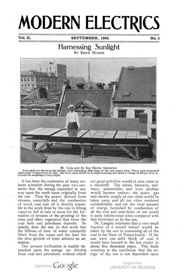 'Aproveitando a luz solar', diz reportagem sobre as recém-inventadas placas de energia solar, publicada 114 anos atrás.