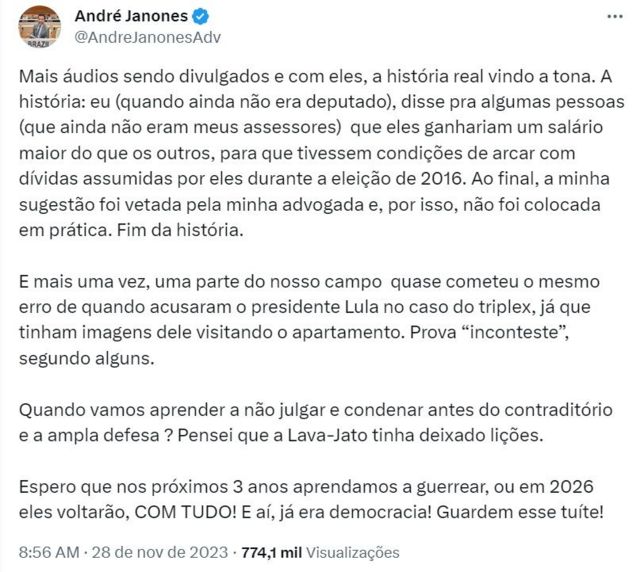 Captura de tela de postagem de Janones na rede social X se defendendo das acusações