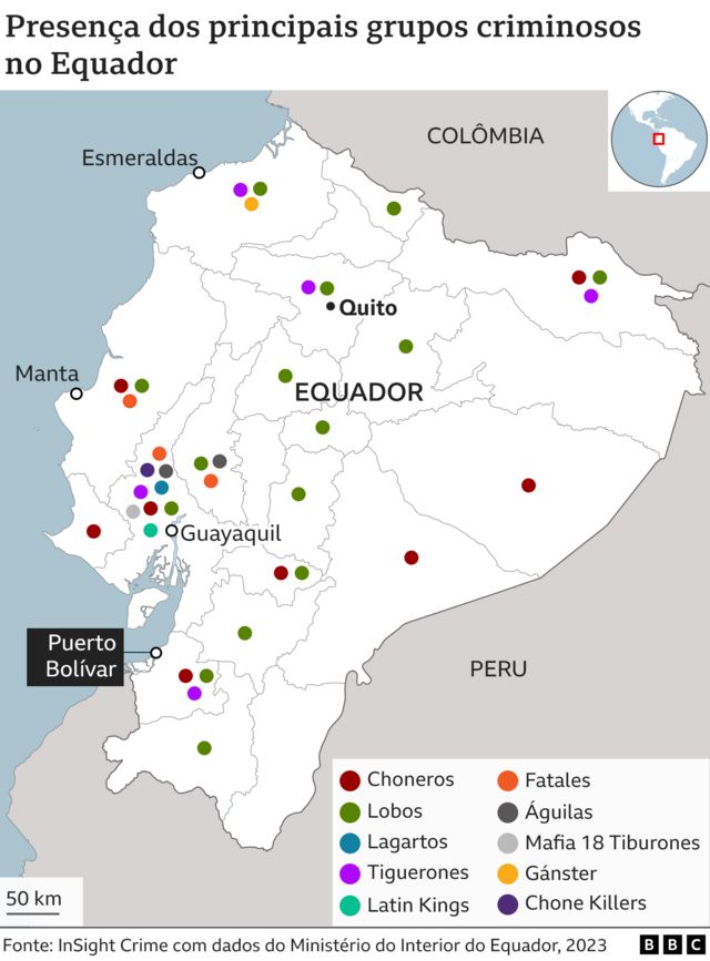 Mapa com a presença de grupos criminosos no Equador