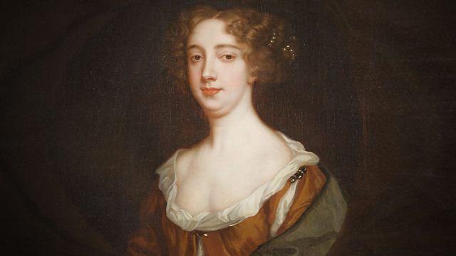 An old painting of Aphra Behn. She is wearing a white and brown dress.