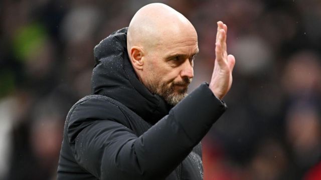 Erik ten Hag, Manager of Manchester United, acknowledges the fans following the team’s defeat