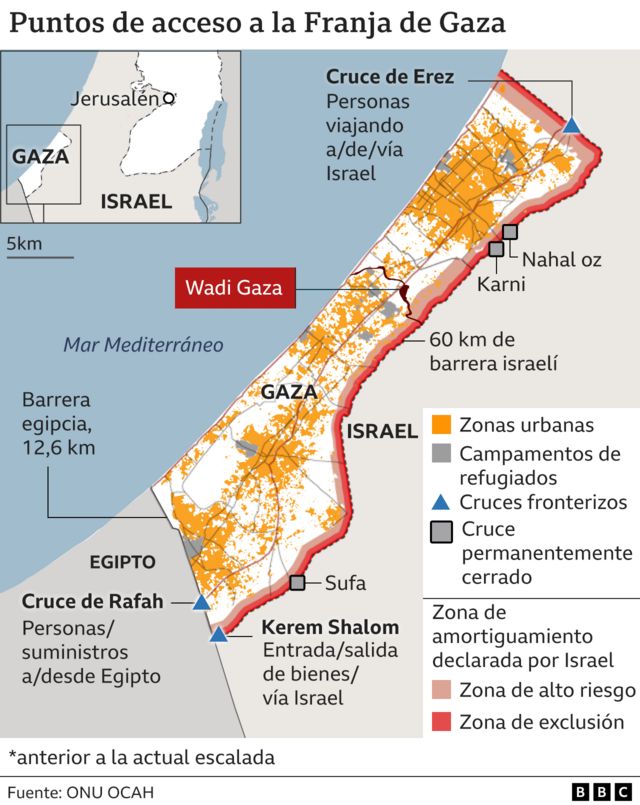 Mapa de la Franja de Gaza con los puntos de acceso y Wadi Gaza resaltado