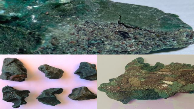 Collage made with pictures with samples of plastistone rocks (aboce), pyroplastics (left) and plastigomerates (right)