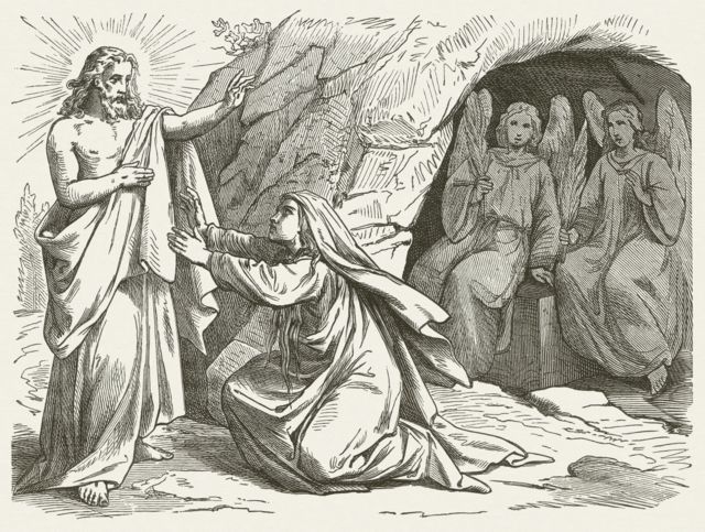 Gravura de 1877 a partir de desenho do alemão Julius Schnorr von Carolsfeld que retrata Maria Madalena testemunhando a ressurreição de Jesus Cristo 