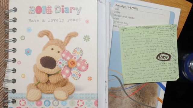 El diario de Letby de 2016 se encuentra junto a algunos documentos relacionados con uno de sus gatos y una nota adhesiva cubierta con la letra de Letby.