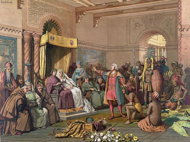 Representación del encuentro entre Cristóbal Colón y los reyes católicos tras regresar de América. 
