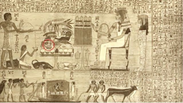 Cette iconographie des Papyrus de Kamara, documents datant d'il y a 3 000 ans, montrent la consommation de pastèque (dans le cercle rouge) dans l'Égypte ancienne.  (Renner et al., doi : 10.1073/pnas.2101486118).