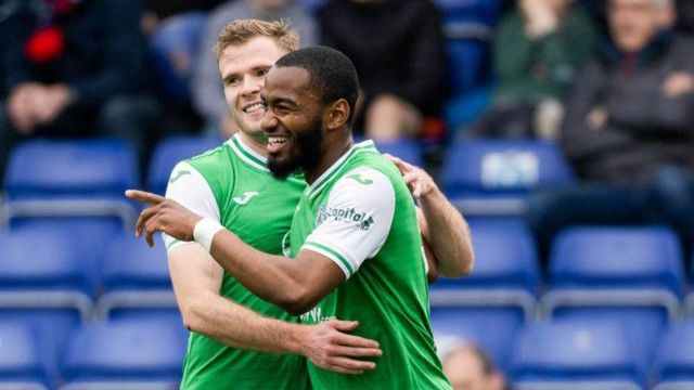 Hibernian's Myziane Maolida celebrates scoring to make it 1-0 with teammate Chris Cadden during a cinch Premiership match between Ross County and Hibernian at the Global Energy Stadium, on May 04, 2024, in Dingwall, Scotland. (Photo by Ross Parker / SNS Group)