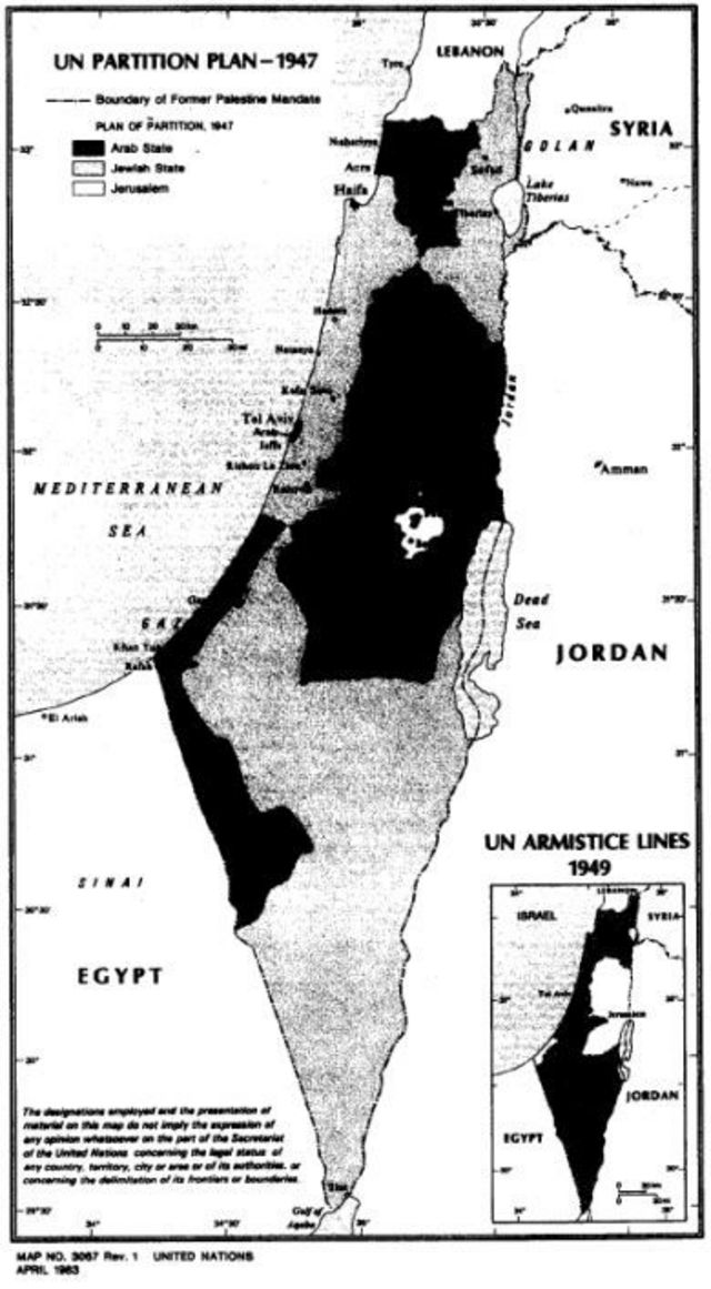 ১৯৪৭ সালে প্রাথমিকভাবে যেভাবে পরিকল্পনা করা হয়েছিল ইসরায়েল-ফিলিস্তিন রাষ্ট্রের। কালো অংশ ধরা হয়েছিল আরবদের জন্য। 