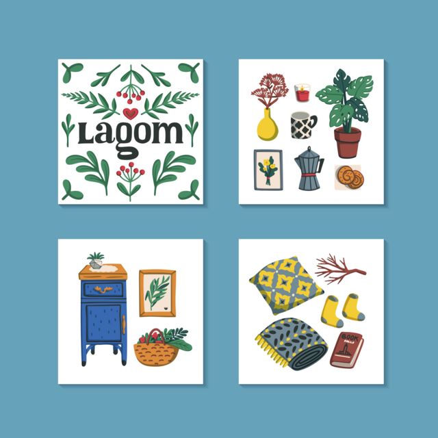 Ilustraciones de cosas del hogar y la palabra Lagom