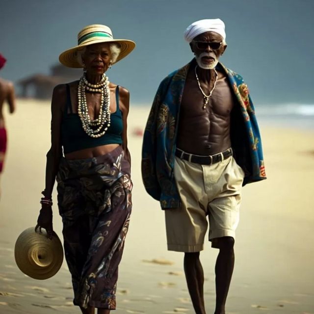 An elderly couple on the beach IA.