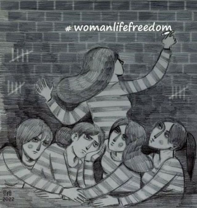 طرحی که شماری از زنان زندانی را نشان می‌دهد روی دیوار زندان زنی می‌نویسد زن زندگی آزادی