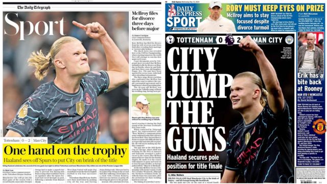Daily Telegraph and the Daily Express' back pages about Manchester City's win over Tottenham