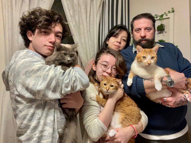 Família segrura três gatinhos no colo