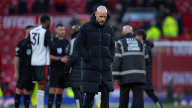 Manchester United manager Erik ten Hag walks off disappointed after the Premier League match between Manchester United and Fulham FC
