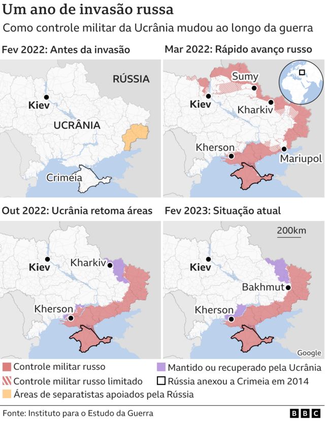 Mapa de um ano da invasão da Ucrânia