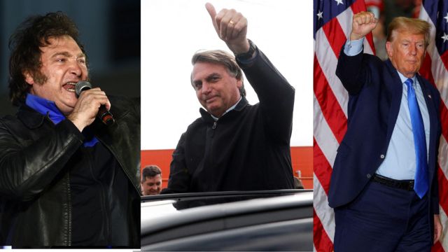 Milei, Bolsonaro e Trump em fotomontagem